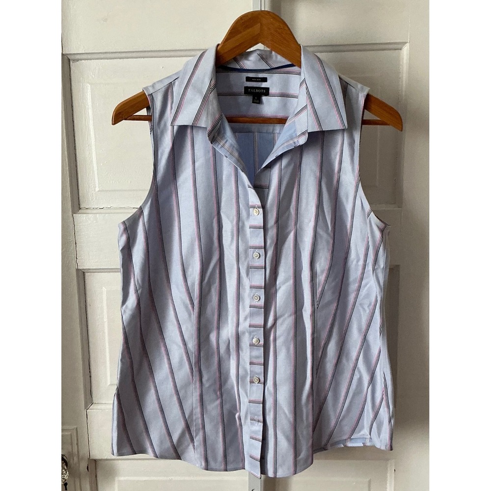 Talbots Sleeveless Non-Iron Shirt 6 Blue Pink Striped Cotton Button Down Top